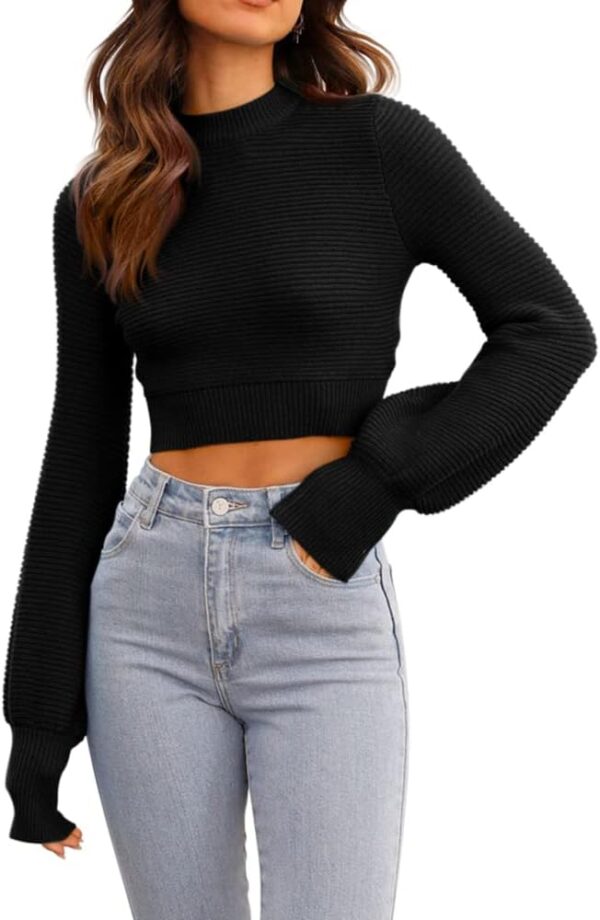 Women Sexy Crew Neck Cropped Sweaters Ribbed Knit Long Sleeve Crop Tops Pullover - Image 2