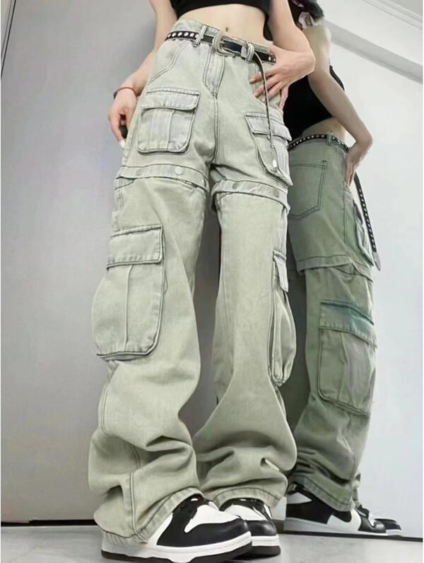 Women Gothic Overalls Vintage Multi Pocket Washed Jeans High Waisted Straight Tube Loose Fitting Pants Y2K Jeans - Image 2