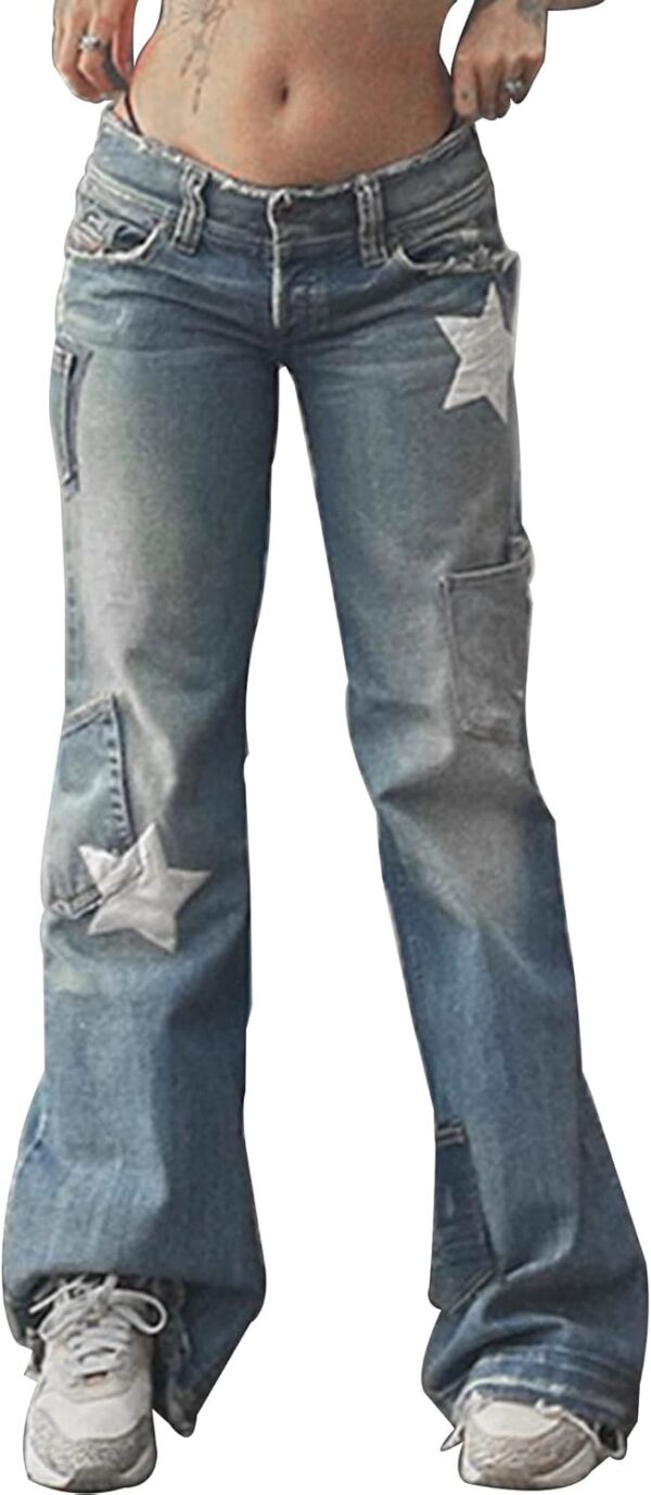 Women Star Print Jeans Y2k Jeans Baggy Denim Pants Vintage Blue Jeans Straight Leg Pants