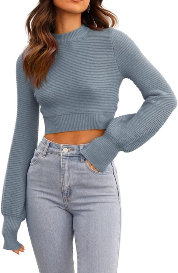 Women Sexy Crew Neck Cropped Sweaters Ribbed Knit Long Sleeve Crop Tops Pullover - Image 2
