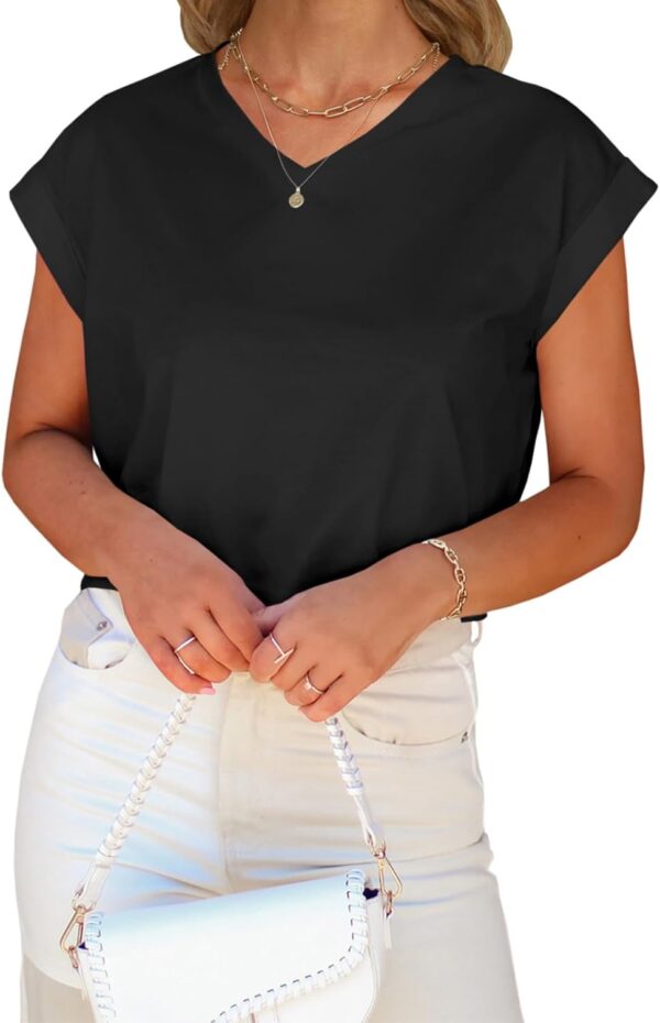 Women Cropped Tops V Neck Rolled Cap Short Sleeve T-Shirts Casual Basic Tees - Image 2
