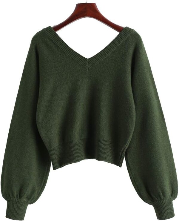 Women Cropped Sweater V-Neck Long Sleeve Crop Sweater Pullover Jumper Knit Top - Image 2