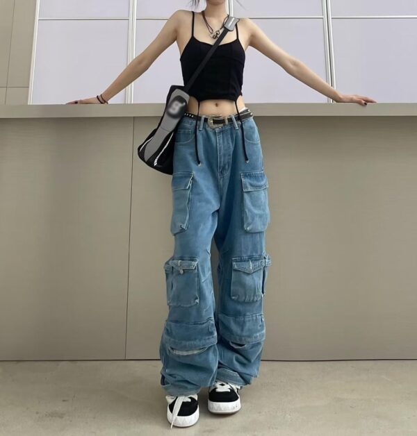 Baggy Cargo Pants for Women Girls Wide Leg Jeans Y2k Hip Hop Streetwear Low Rise Oversized Jeans Grunge Clothes Blue - Image 2