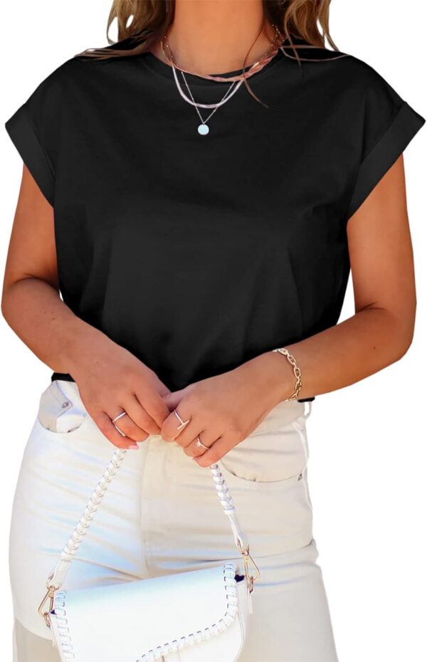Women Short Sleeve Cropped T-Shirts Summer Rolled Dolman Sleeve Crop Tops Casual Round Neck Solid Short Basic Tees - Image 2