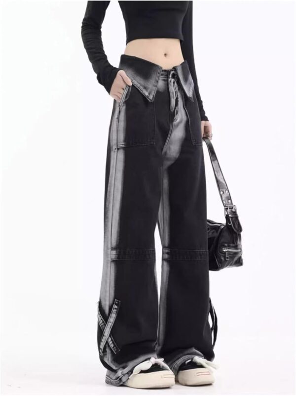 Women Workwear Jeans Vintage Contrast Jeans High Waist Loose Y2K Drop Feel Pants Gothic Wide Leg Pants - Image 2