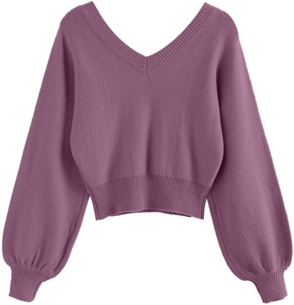 Women Cropped Sweater V-Neck Long Sleeve Crop Sweater Pullover Jumper Knit Top - Image 2