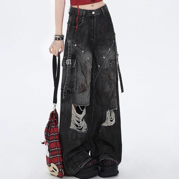 Gothic Women Jeans Fashion Y2K Vintage Straight High Waist Baggy Wide Leg Ripped Denim Pants Black - Image 2