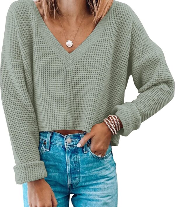 Women V Neck Waffle Knit Cropped Top Long Sleeve Pullover Crop Sweater