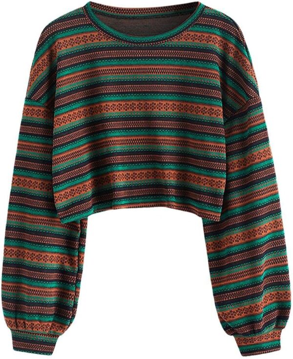 Women Tribal Ethnic Graphic Cropped Knitwear Bohemian Long Sleeve Pullover Sweater Boho Drop Shoulder Knitted Top