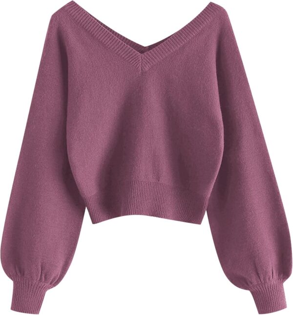Women Cropped Sweater V-Neck Long Sleeve Crop Sweater Pullover Jumper Knit Top