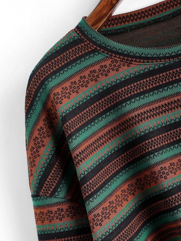 Women Tribal Ethnic Graphic Cropped Knitwear Bohemian Long Sleeve Pullover Sweater Boho Drop Shoulder Knitted Top - Image 2
