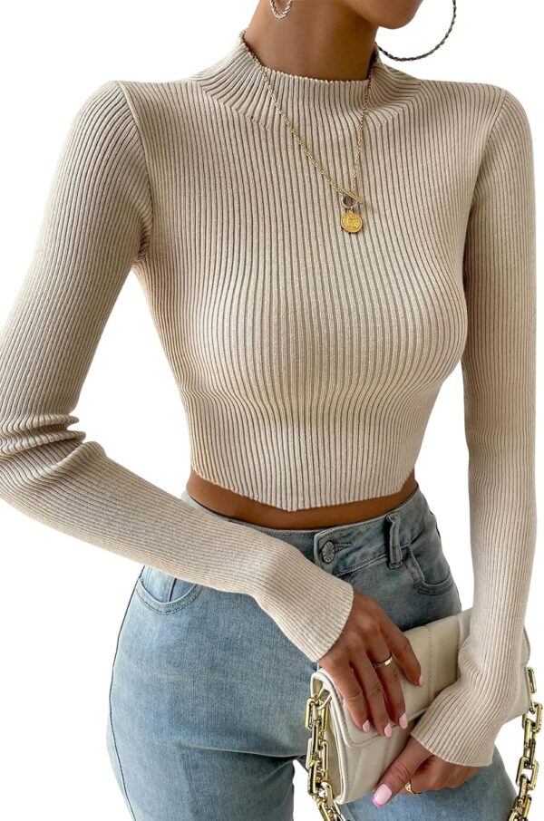 Women Long Sleeve Crop Top Slim Fit Mock Neck Fall Cropped Sweater Ribbed Knit Basic Crop Top - Image 2