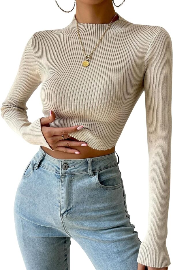 Women Long Sleeve Crop Top Slim Fit Mock Neck Fall Cropped Sweater Ribbed Knit Basic Crop Top