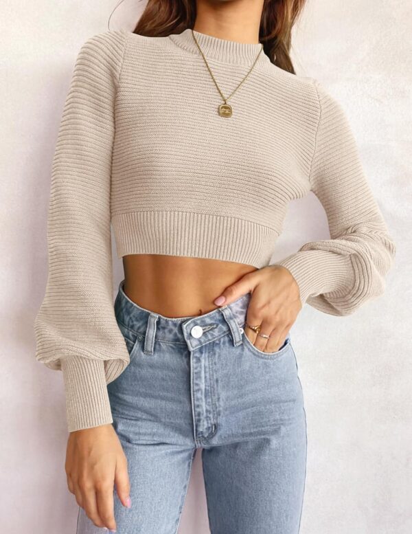 Women Fall Mock Neck Cropped Sweater Long Sleeve Soft Ribbed Knit Pullover Jumper Tops - Image 2