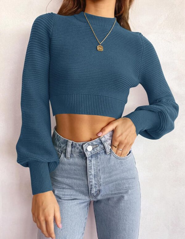 Women Fall Mock Neck Cropped Sweater Long Sleeve Soft Ribbed Knit Pullover Jumper Tops - Image 2
